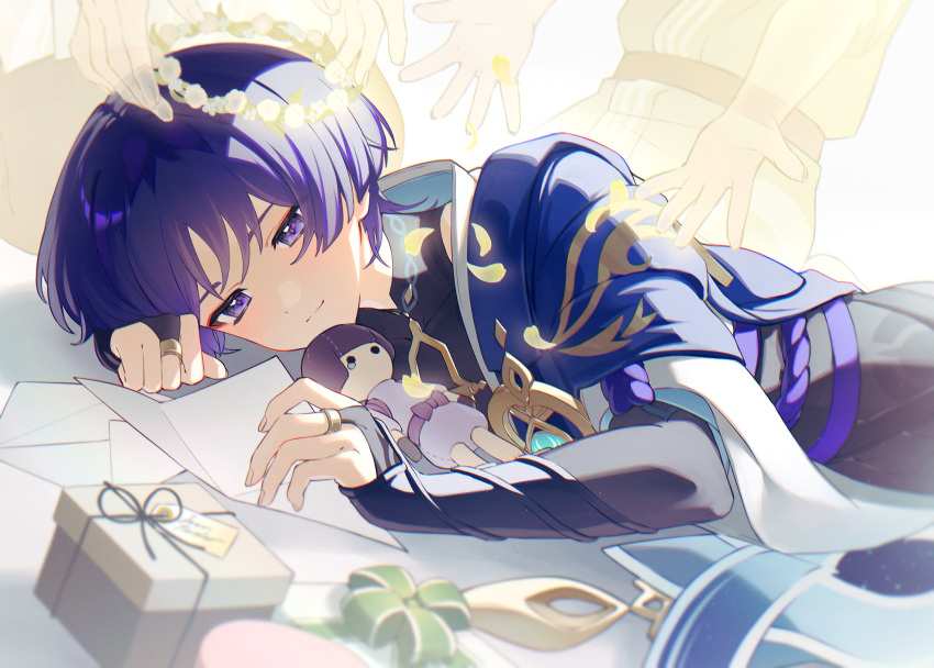 3boys armor box closed_mouth envelope eyeshadow genshin_impact gift gift_box head_wreath highres holding holding_paper japanese_armor kote kurokote lying makeup male_focus mandarin_collar mochimiya_(coyo) multiple_boys paper petals purple_eyes purple_hair red_eyeshadow scaramouche_(genshin_impact) simple_background solo_focus stuffed_toy vision_(genshin_impact) wanderer_(genshin_impact) wide_sleeves