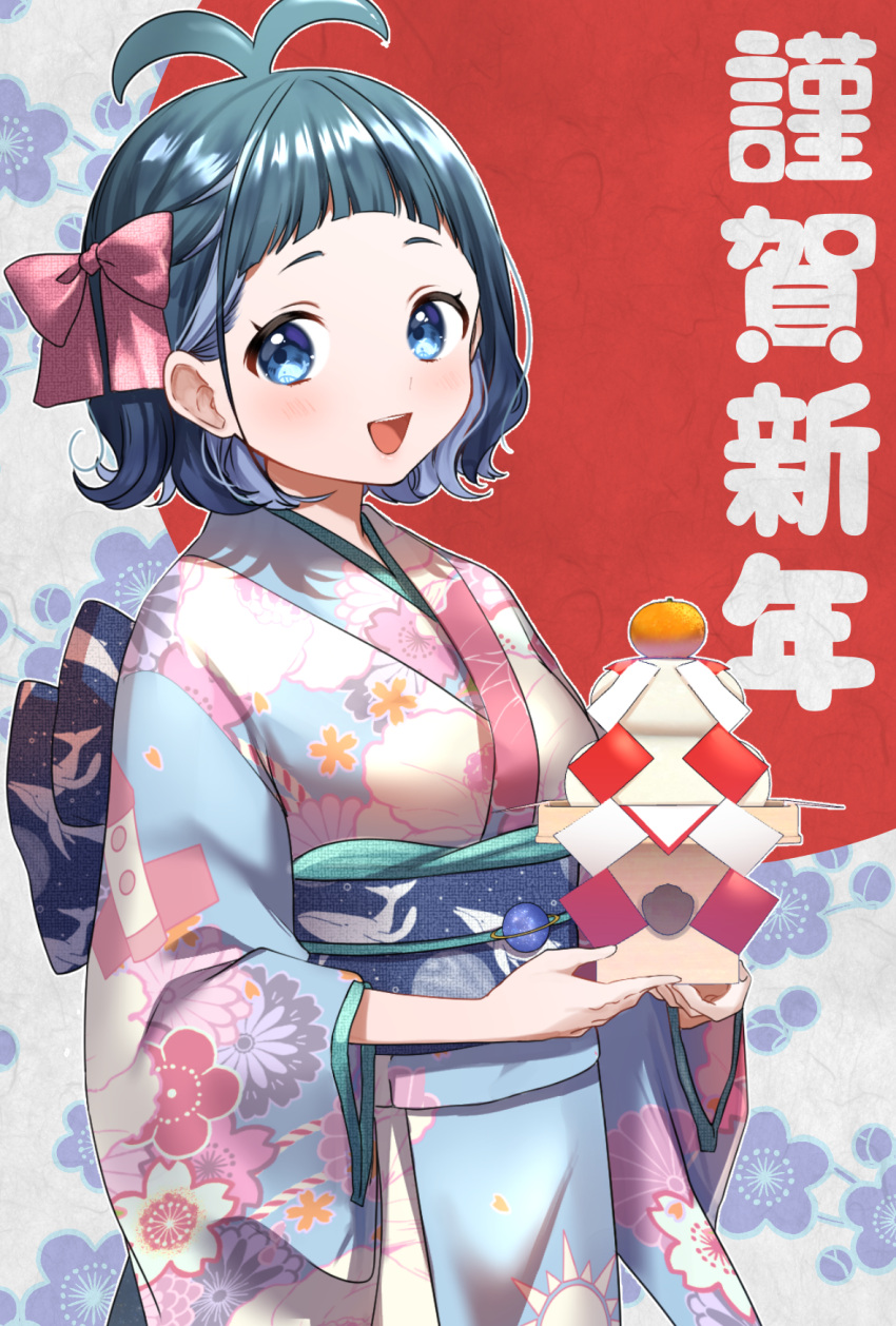 1girl :d alternate_costume animal_print antenna_hair arched_bangs back_bow blue_eyes blue_hair blue_sash bow breasts fish_print floral_print_kimono hair_bow highres holding indie_virtual_youtuber japanese_clothes kagami_mochi kazepana kimono large_bow light_blush looking_at_viewer medium_breasts new_year obi obiage obijime open_mouth original pink_bow pink_kimono print_kimono sash short_hair smile solo sorara_kujirako three_quarter_view upper_body virtual_youtuber whale_print