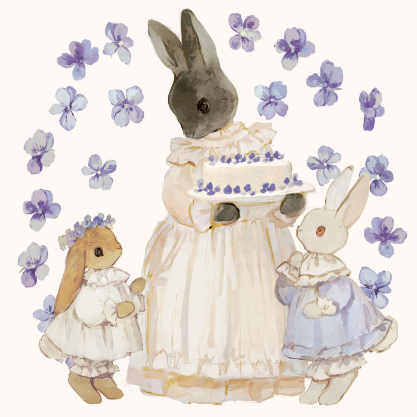 3girls animal animal_focus barefoot black_rabbit_(animal) blue_dress blue_flower cake cat closed_mouth clothed_animal dress flower food frilled_dress frilled_shirt_collar frills head_wreath highres holding holding_cake holding_food layered_dress long_dress long_sleeves multiple_girls neck_ribbon no_humans orange_eyes original pink_dress puffy_long_sleeves puffy_sleeves rabbit ribbon simple_background tono_(rt0no) white_background white_dress white_rabbit_(animal)