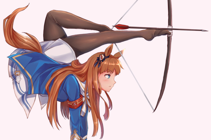 1girl animal_ears aozora_meguru arrow_(projectile) black_pantyhose blue_eyes blue_jacket bow_(weapon) brown_hair commentary_request drawing_bow dress flexible foot_archery from_side grass_wonder_(umamusume) highres holding holding_bow_(weapon) holding_weapon horse_ears horse_girl horse_tail jacket long_hair long_sleeves pantyhose simple_background solo tail umamusume weapon white_background white_dress