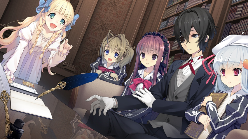 1boy 4girls black_eyes black_hair blonde_hair blue_eyes book braid brown_hair dress eyepatch game_cg gloves green_eyes hair_ornament hair_ribbon happy hat highres looking_down multiple_girls pink_eyes purple_eyes ribbon school_uniform short_hair side_ponytail sitting smile standing table tokeijikake_no_ley_line:_asagiri_ni_chiru_hana tokeijikake_no_ley_line:_zan'ei_no_yoru_ga_akeru_toki tokeijikake_no_ley_line:_zan'ei_no_yoru_ga_akeru_toki twin_braids urabi_(tomatohouse) white_hair