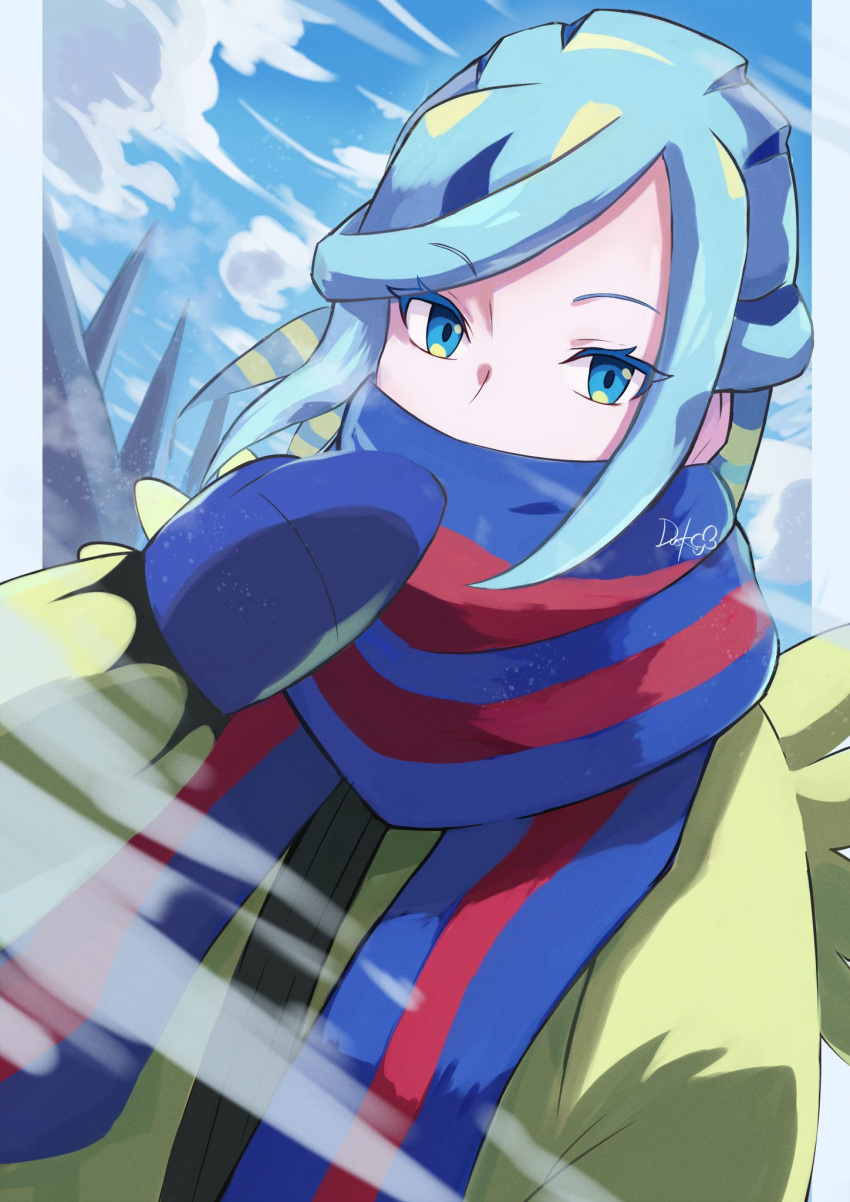 1boy blue_mittens blue_scarf cloud day dusk_poke27 eyelashes grusha_(pokemon) hand_up highres jacket long_hair long_sleeves looking_at_viewer male_focus mittens mixed-language_commentary outdoors pokemon pokemon_sv scarf scarf_over_mouth signature sky solo upper_body yellow_jacket