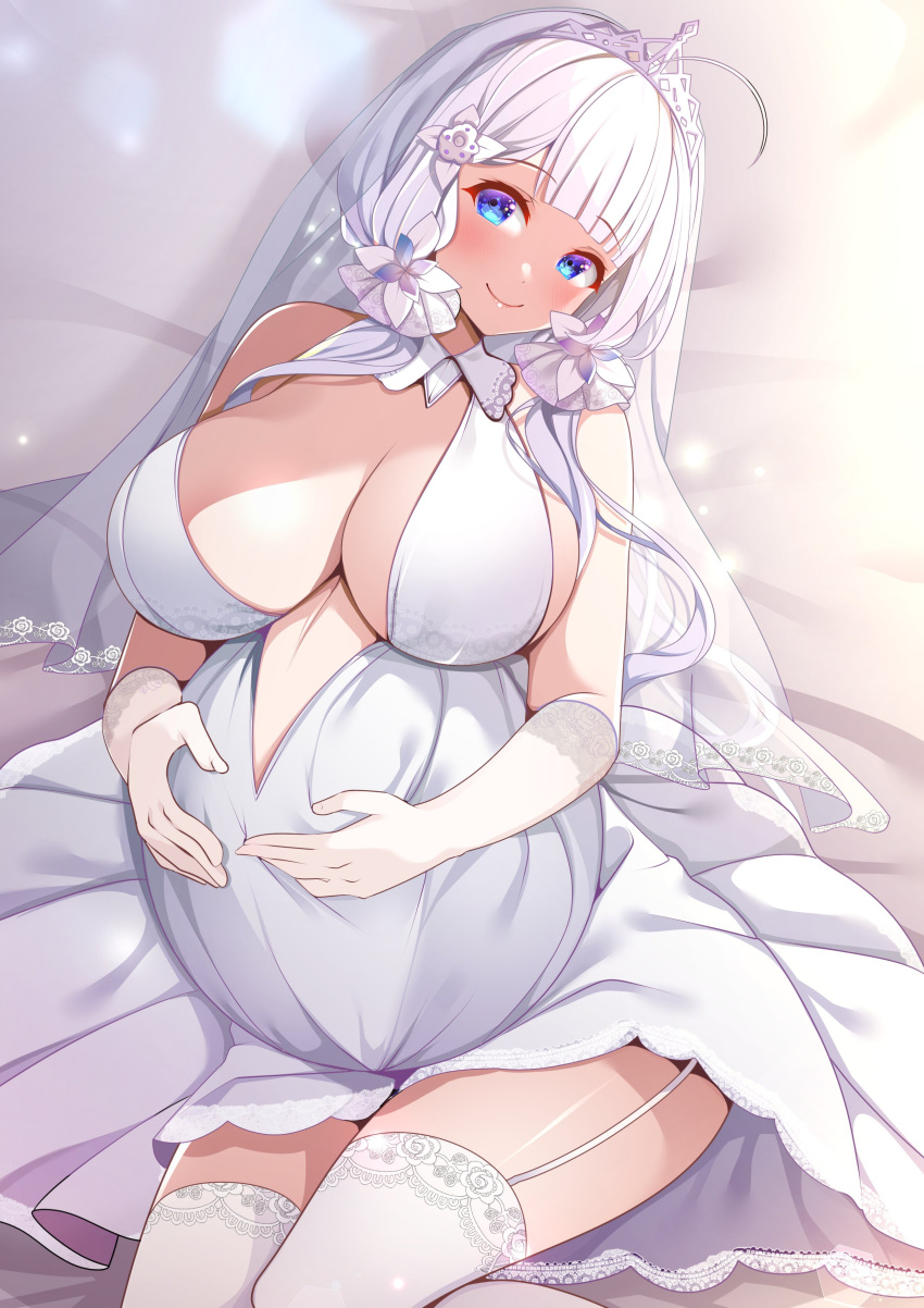 1girl absurdres ahoge azur_lane blue_eyes blush breasts bridal_veil closed_mouth elbow_gloves gloves highres illustrious_(azur_lane) illustrious_(morning_star_of_love_and_hope)_(azur_lane) large_breasts long_hair looking_at_viewer on_bed origami_aya pregnant solo thighhighs tiara veil white_hair white_thighhighs