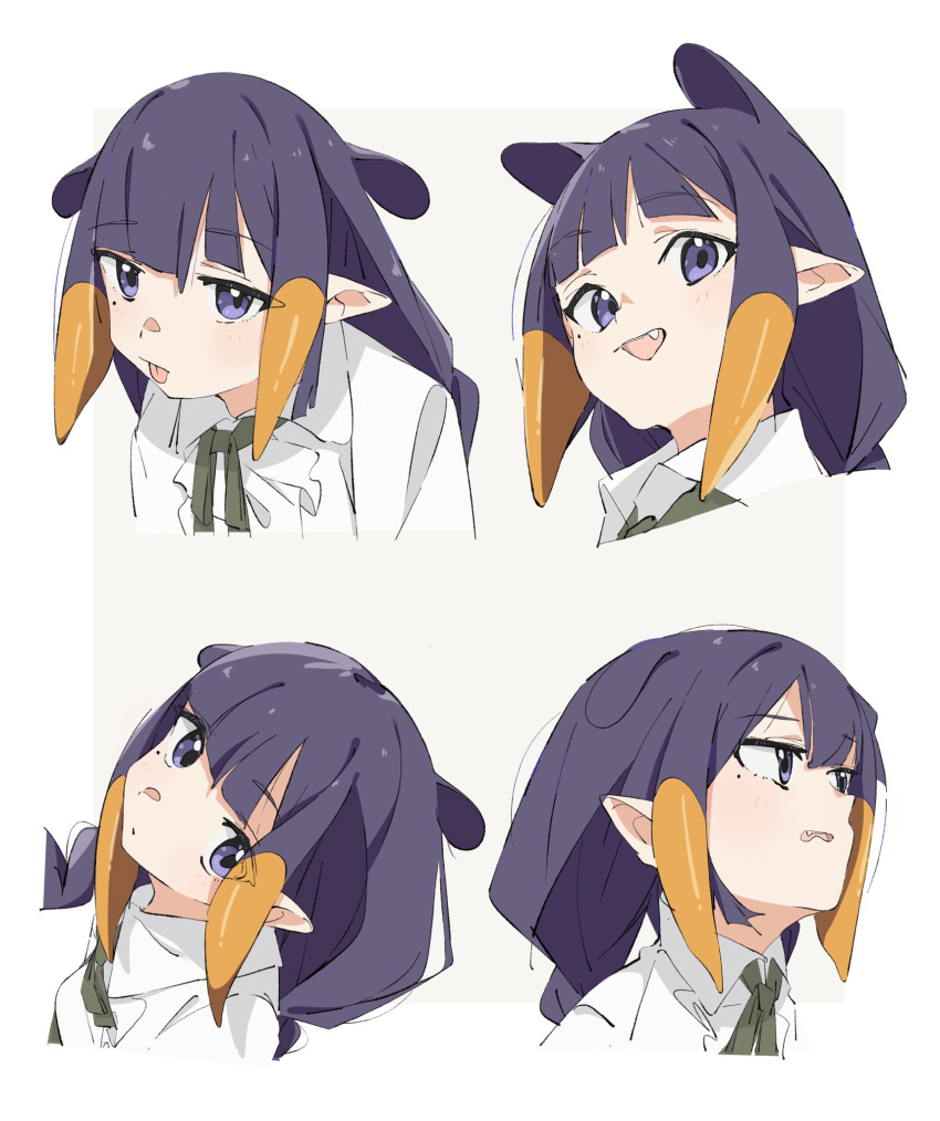 08chiwa 1girl blunt_bangs closed_mouth collared_shirt commentary_request cropped_torso dot_mouth expressions fang gradient_hair green_ribbon grimace highres hololive hololive_english long_hair looking_at_viewer mole mole_under_eye multicolored_hair multiple_views neck_ribbon ninomae_ina'nis official_alternate_costume open_mouth pointy_ears portrait purple_eyes purple_hair ribbon shirt sidelocks simple_background smile tentacle_hair tongue tongue_out virtual_youtuber white_background white_shirt