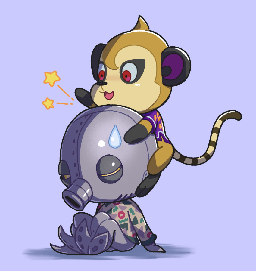 1boy 1girl :d animal_crossing cephalobot_(animal_crossing) commentary_request floral_print furry furry_female half-closed_eyes highres kopa_nishikida long_sleeves monkey_girl on_head open_mouth print_shirt purple_background purple_shirt red_eyes shirt short_sleeves simple_background sitting smile star_(symbol) sweatdrop tammi_(animal_crossing) white_shirt yellow_eyes