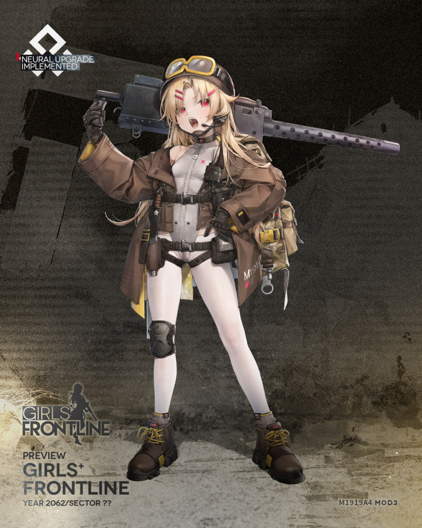 1girl ankle_boots as109 backpack bag bare_shoulders black_choker black_gloves blonde_hair boots brown_bag brown_coat brown_footwear brown_headwear browning_m1919 character_name chin_strap choker coat commentary copyright_name english_commentary full_body girls'_frontline gloves goggles goggles_on_headwear grey_leotard gun hair_ornament hairclip headset helmet highres holding holding_gun holding_weapon knee_pads knife knife_sheath leotard light_blush long_hair long_sleeves m1919a4_(girls'_frontline) m1919a4_(mod3)_(girls'_frontline) no_pants off_shoulder official_alternate_costume official_art open_mouth over_shoulder pantyhose parted_bangs pouch red_eyes second-party_source sheath single_knee_pad snap-fit_buckle solo standing two-sided_coat two-sided_fabric weapon weapon_over_shoulder white_pantyhose yellow-framed_eyewear zipper zipper_leotard zipper_pull_tab