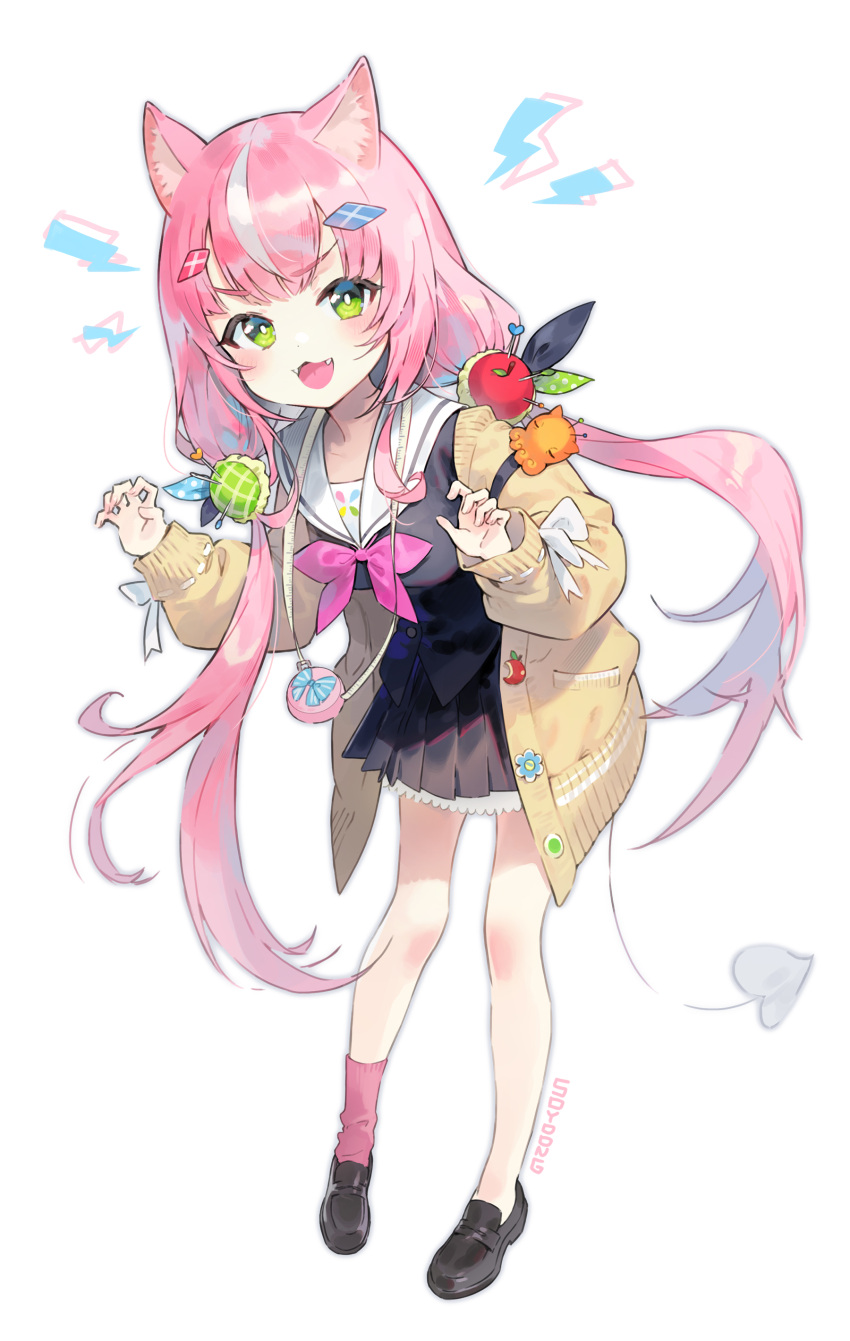 1girl absurdres animal_ear_fluff animal_ears black_dress black_footwear bow bowtie cardigan cat_ears cat_girl commentary diamond_hairband dress green_eyes highres lightning_bolt_symbol loafers long_hair long_sleeves looking_at_viewer nijisanji nijisanji_kr open_mouth pincushion pink_bow pink_bowtie pink_hair pink_socks pushpin sailor_collar shoes signature simple_background single_sock smile socks solo soyoong_jun twintails virtual_youtuber white_background white_sailor_collar yang_nari yang_nari_(1st_costume) yellow_cardigan