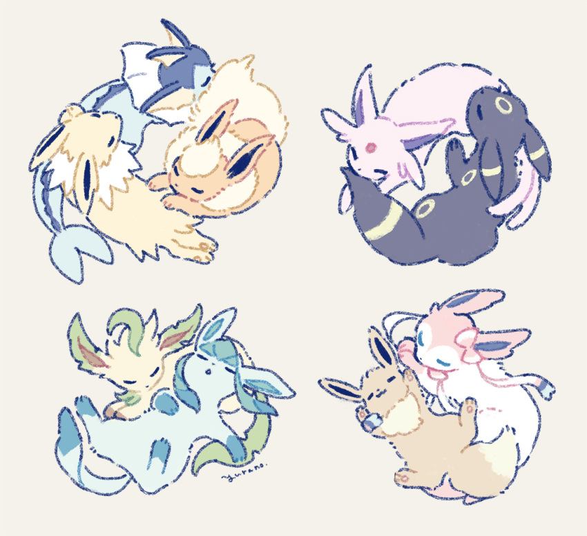 animal_focus bow closed_eyes commentary_request cuddling eevee espeon fins flareon forehead_jewel from_above full_body gem glaceon head_fins jolteon leafeon lying no_humans no_mouth on_back on_stomach open_mouth pokemon pokemon_(creature) red_gemstone ribbon signature simple_background sleeping smile sylveon umbreon yellow_background yellow_fur yurano_(upao)