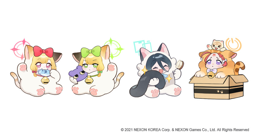 4girls :3 animal_costume animal_ears animal_hands aris_(blue_archive) black_hair blonde_hair blue_archive bow box brushing_hair cat cat_costume cat_ears cat_paws cat_tail chibi closed_eyes closed_mouth comb ekoru game_development_department_(blue_archive) green_bow hair_bow hand_up holding holding_comb in_box in_container midori_(blue_archive) momoi_(blue_archive) multiple_girls official_art red_bow red_hair sitting stuffed_animal stuffed_fish stuffed_toy tail yuzu_(blue_archive)
