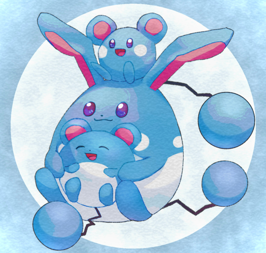 :3 ^_^ animal_focus azumarill azurill blue_border blue_eyes blue_theme blush_stickers border butter_(oshi8kyoumoh) closed_eyes closed_mouth commentary_request evolutionary_line full_body happy highres holding holding_pokemon marill no_humans on_head open_mouth outside_border partial_commentary pokemon pokemon_(creature) pokemon_on_head sitting smile