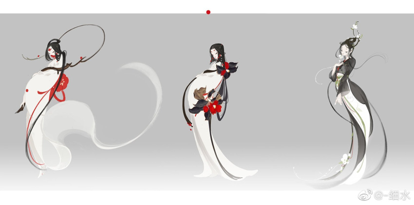3girls absurdly_long_hair black_hair black_robe black_sleeves border chinese_clothes chinese_commentary commentary_request dress flower full_body ghost gradient_background grey_background hagoromo hair_flower hair_ornament hair_ribbon hand_on_own_chest hanfu highres letterboxed long_dress long_hair long_sleeves multiple_girls original peony_(flower) red_flower ribbon robe shawl simple_background very_long_hair watermark weibo_logo weibo_username white_border white_dress white_flower white_sleeves wide_sleeves xi_shui