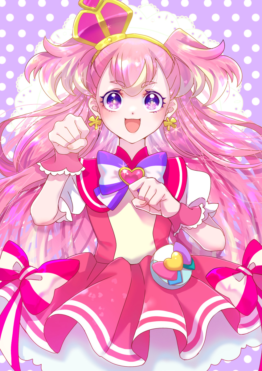 1girl :d blonde_hair bow brooch cowboy_shot crown cure_wonderful dot_nose dress dress_bow earrings hairband heart heart_brooch highres inukai_komugi jewelry long_hair looking_at_viewer magical_girl mini_crown multicolored_bow multicolored_hair open_mouth paw_pose petticoat pink_dress pink_hair polka_dot polka_dot_background pouch precure purple_background purple_bow purple_eyes short_dress smile solo standing straight-on streaked_hair striped_bow tilted_headwear two-tone_hair two_side_up waka_(negronoir) wonderful_precure! wrist_cuffs yellow_hairband