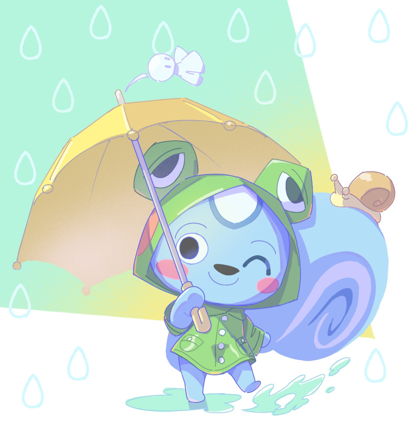 1boy animal_crossing animal_hood aqua_background black_eyes blush blush_stickers buttons closed_mouth coat commentary_request filbert_(animal_crossing) frog_hood furry furry_male green_coat green_raincoat highres holding holding_umbrella hood hood_up hooded_coat kopa_nishikida looking_at_viewer male_focus one_eye_closed pocket puddle raincoat simple_background smile snail solo splashing squirrel_boy umbrella water water_drop white_background yellow_umbrella