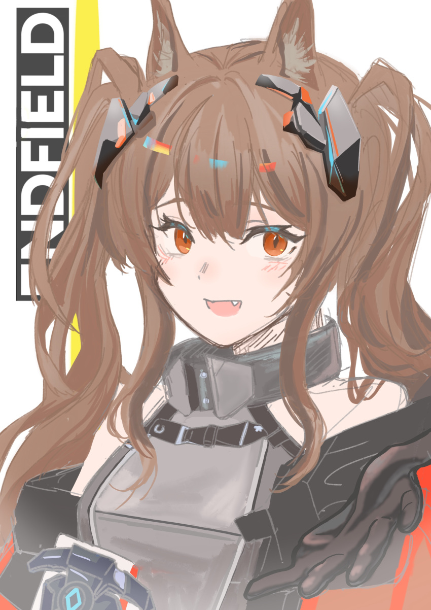 1girl absurdres angelina_(arknights) angelina_(endfield)_(arknights) animal_ears arknights arknights:_endfield black_gloves breasts brown_hair earpiece fang fox_ears fox_girl gloves highres long_hair looking_at_viewer ma_rou_una_luna smile solo twintails