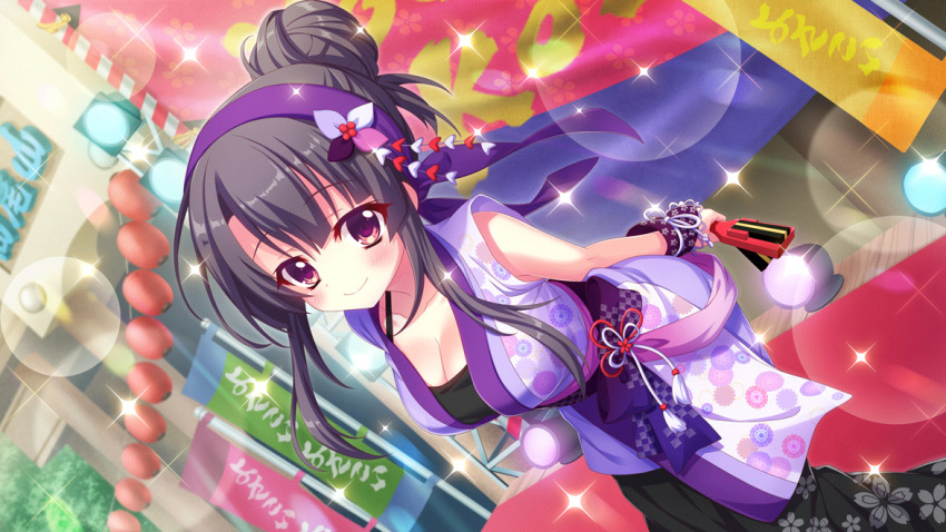 1girl banner black_hair breasts building cleavage closed_mouth collarbone dot_nose dutch_angle film_grain floral_print flower game_cg hair_bun hair_flower hair_ornament hairband holding ichikishima_mizuha izumi_tsubasu japanese_clothes kimono lantern large_breasts leaning_forward lens_flare looking_at_viewer naruko_(instrument) non-web_source official_art outdoors paper_lantern print_kimono purple_eyes purple_hairband purple_kimono purple_wristband re:stage! single_hair_bun sleeveless sleeveless_kimono smile solo sparkle stage stage_lights