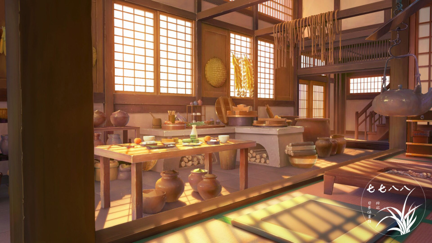 bottle bowl firewood food fruit highres indoors no_humans original scenery stairs stone_stove table teapot vase window wooden_table xingzhi_lv