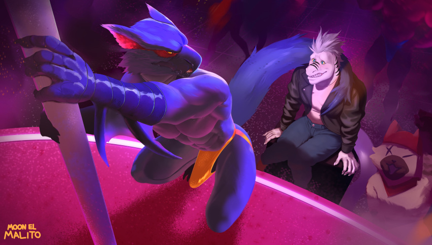 absurd_res anthro beak blue_body bottomwear bulge capcom clothed clothing crouching dancing derpydevin devin_(derpybro) dinosaur dromaeosaurid duo erection felid felyne flying_wyvern grey_hair hair hi_res jacket leather leather_clothing leather_jacket leather_topwear looking_back lynian male male/male mammal monster_hunter moonelmalito muscular muscular_anthro muscular_male nargacuga palico pants pole pole_dancing reptile scales scalie scuted_arms scutes strip_club stripper tenting theropod topwear underwear underwear_only velociraptor white_body white_scales
