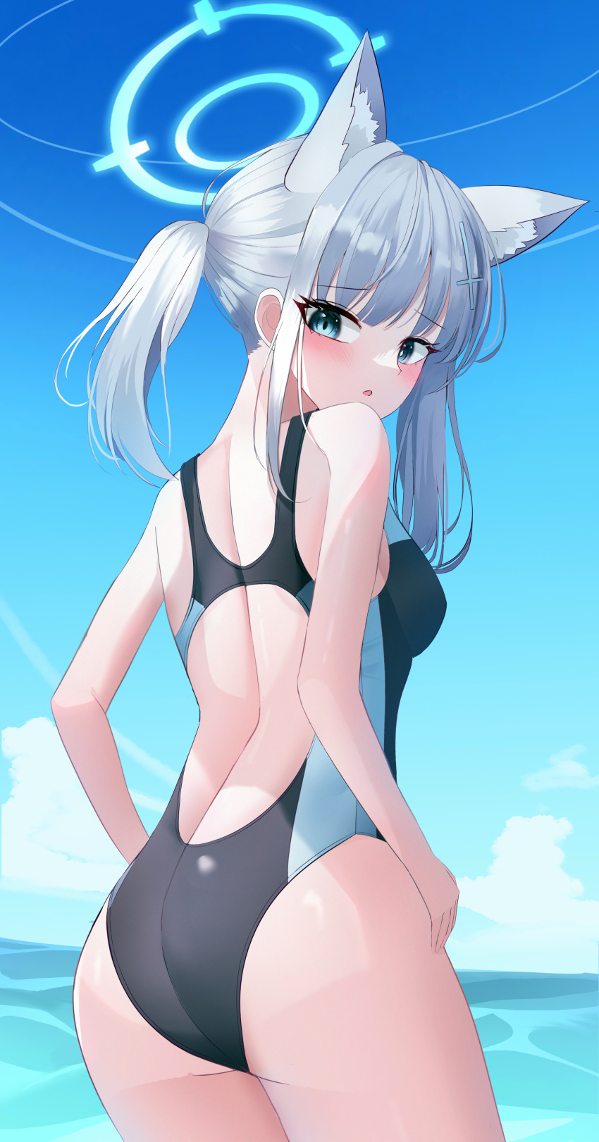 1girl absurdres animal_ear_fluff animal_ears ass black_one-piece_swimsuit blue_archive blue_eyes blue_sky cloud competition_swimsuit covered_navel cross_hair_ornament day extra_ears grey_hair hair_ornament halo highres horizon looking_at_viewer looking_back low_ponytail lunar_(pixiv53683306) medium_hair mismatched_pupils multicolored_clothes multicolored_swimsuit ocean official_alternate_costume one-piece_swimsuit outdoors shiroko_(blue_archive) shiroko_(swimsuit)_(blue_archive) sky solo swimsuit wolf_ears