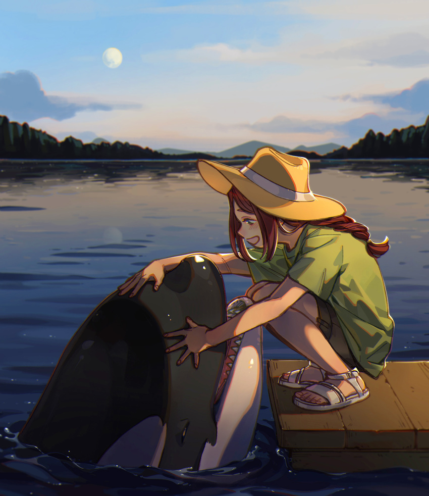1girl animal black_shorts brown_hair check_commentary cloud commentary_request dock evening from_side full_moon green_shirt hat hi-fi_(fijazzy) highres long_hair moon open_mouth orange_headwear orca original outdoors profile sandals sharp_teeth shirt shorts sky solo squatting sun_hat teeth water white_footwear