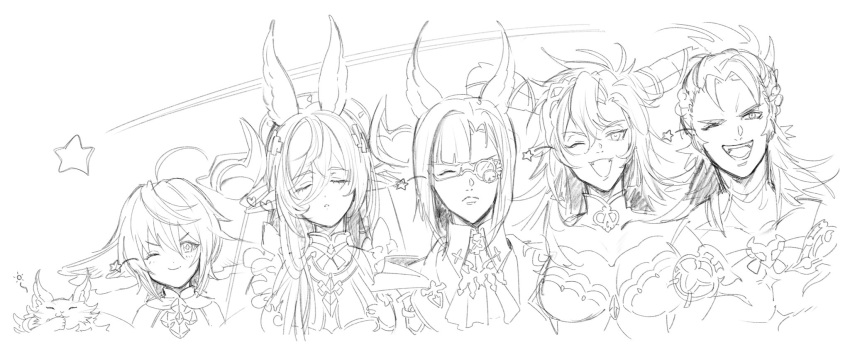 2boys 3girls :d ahoge aiguillette animal_ears armor ascot asymmetrical_bangs asymmetrical_eyewear blunt_bangs blunt_ends braid breasts cat cat_ears cat_paw cleavage closed_eyes collared_shirt commentary draph erune ewiyar_(granblue_fantasy) expressionless fangs fediel_(granblue_fantasy) frilled_shirt frills frown galleon_(granblue_fantasy) granblue_fantasy greyscale grin hair_between_eyes harvin height_difference highres horns large_breasts large_ears long_hair lu_woh_(granblue_fantasy) messy_hair monochrome multiple_boys multiple_girls one_eye_closed parted_bangs parted_lips pectorals pointy_ears semi-rimless_eyewear shirt shooting_star short_hair sketch smile spiked_hair star_(symbol) sun_symbol symbol-shaped_pupils t_of_game teeth turtleneck under-rim_eyewear wamdus_(granblue_fantasy) white_background wilnas_(granblue_fantasy)