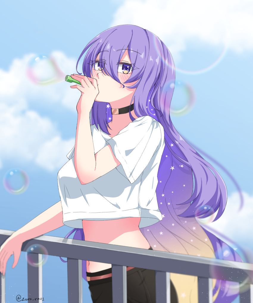 1girl azurarts black_choker bubble_blowing bubble_wand choker cropped_shirt highres hololive hololive_indonesia lens_flare long_hair midriff moona_hoshinova navel purple_eyes purple_hair starry_hair twitter_username virtual_youtuber