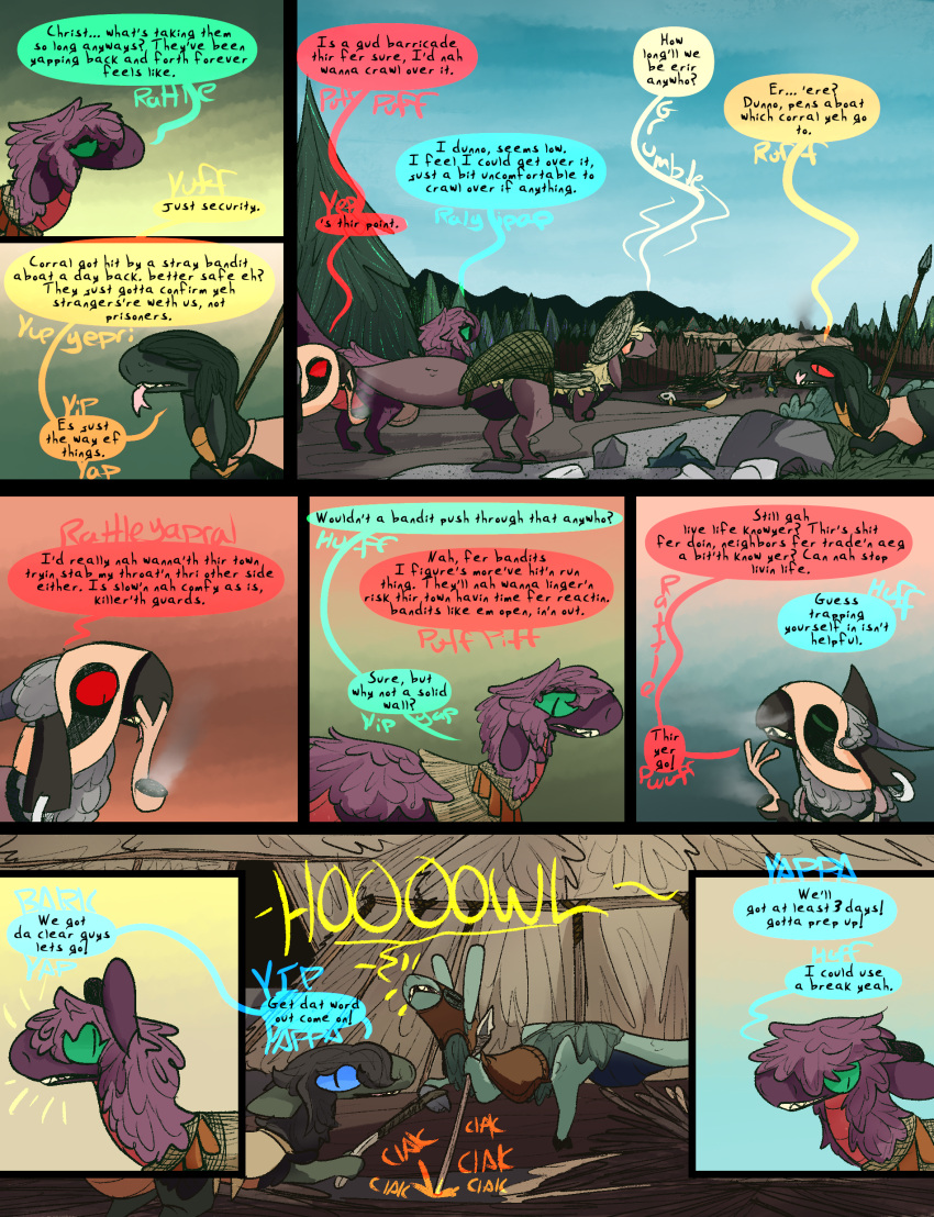 absurd_res comic dialogue dinosaur dodo_(thepatchedragon) dragon dragonscape drekir dromaeosaurid english_text fantasy female feral forest gila_(thepatchedragon) hi_res hiker_(thepatchedragon) jat_(thepatchedragon) male melee_weapon plant polearm post-apocalyptic reptile scalie spear text thepatchedragon theropod tree village weapon