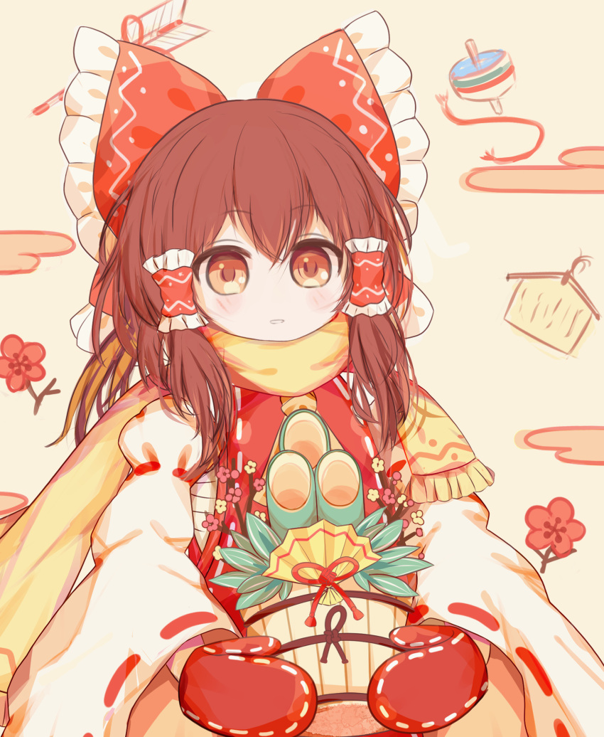 1girl arrow_(projectile) ascot bow brown_hair commentary_request egasumi flower frilled_bow frilled_hair_tubes frills hair_bow hair_tubes hakurei_reimu highres light_blush long_hair looking_at_viewer mittens open_mouth red_bow red_flower red_mittens ribbon-trimmed_sleeves ribbon_trim ro.ro scarf solo spinning_top touhou yellow_eyes yellow_scarf