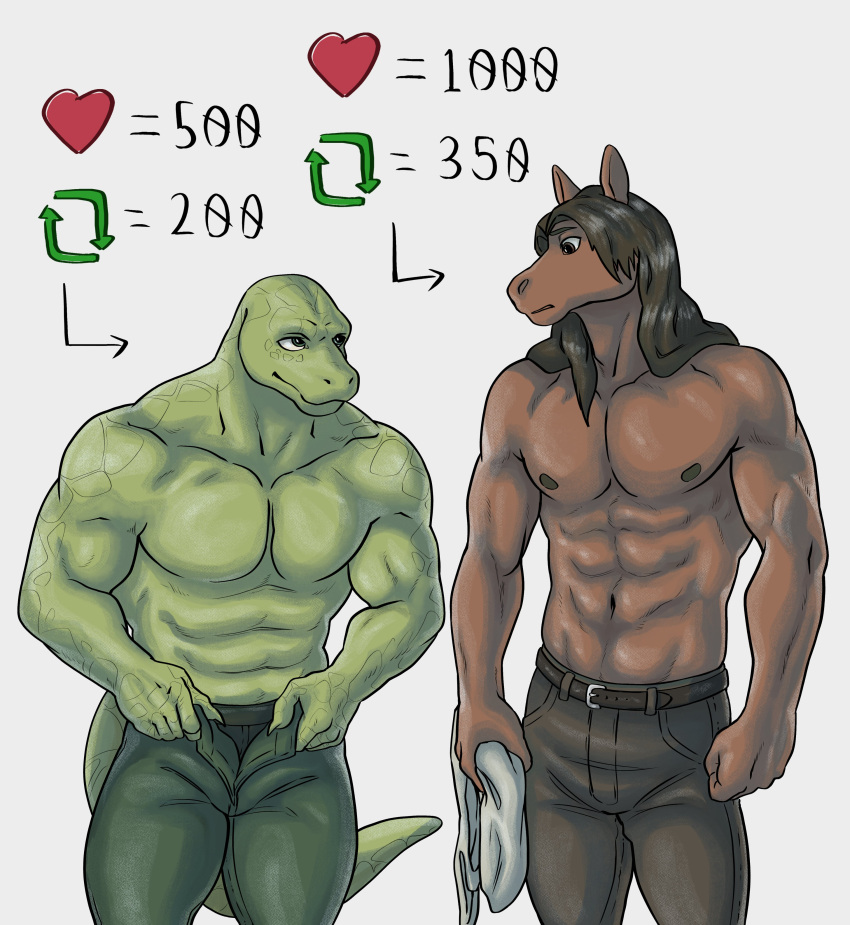 &lt;3 absurd_res anthro beastars black_clothing black_underwear blue_bottomwear blue_clothing blue_pants bottomwear brown_body brown_bottomwear brown_clothing brown_fur brown_hair brown_pants clothed clothing duo equid equine ffog fur gosha_(beastars) green_body green_skin hair hi_res horse male mammal muscular muscular_male nipples pants removing_pants retweet simple_background smile topless underwear undressing white_background yafya_(beastars)