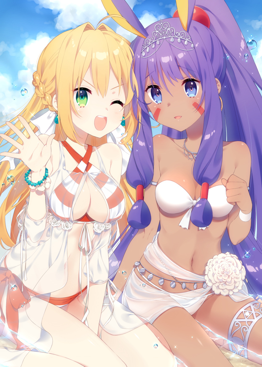 2girls :d ;d ahoge animal_ears bare_shoulders bikini blonde_hair blue_eyes blue_sky braid breasts cleavage cloud cloudy_sky commentary_request criss-cross_halter dark-skinned_female dark_skin day fate/grand_order fate_(series) green_eyes hair_between_eyes hair_intakes halterneck high_ponytail highres jackal_ears kusumoto_shizuru medium_breasts multiple_girls navel nero_claudius_(fate) nero_claudius_(swimsuit_caster)_(fate) nitocris_(fate) nitocris_(swimsuit_assassin)_(fate) one_eye_closed outdoors ponytail purple_hair see-through shallow_water sky sling_bikini_top smile strapless strapless_bikini striped_bikini striped_clothes swimsuit swimsuit_cover-up tiara water water_drop