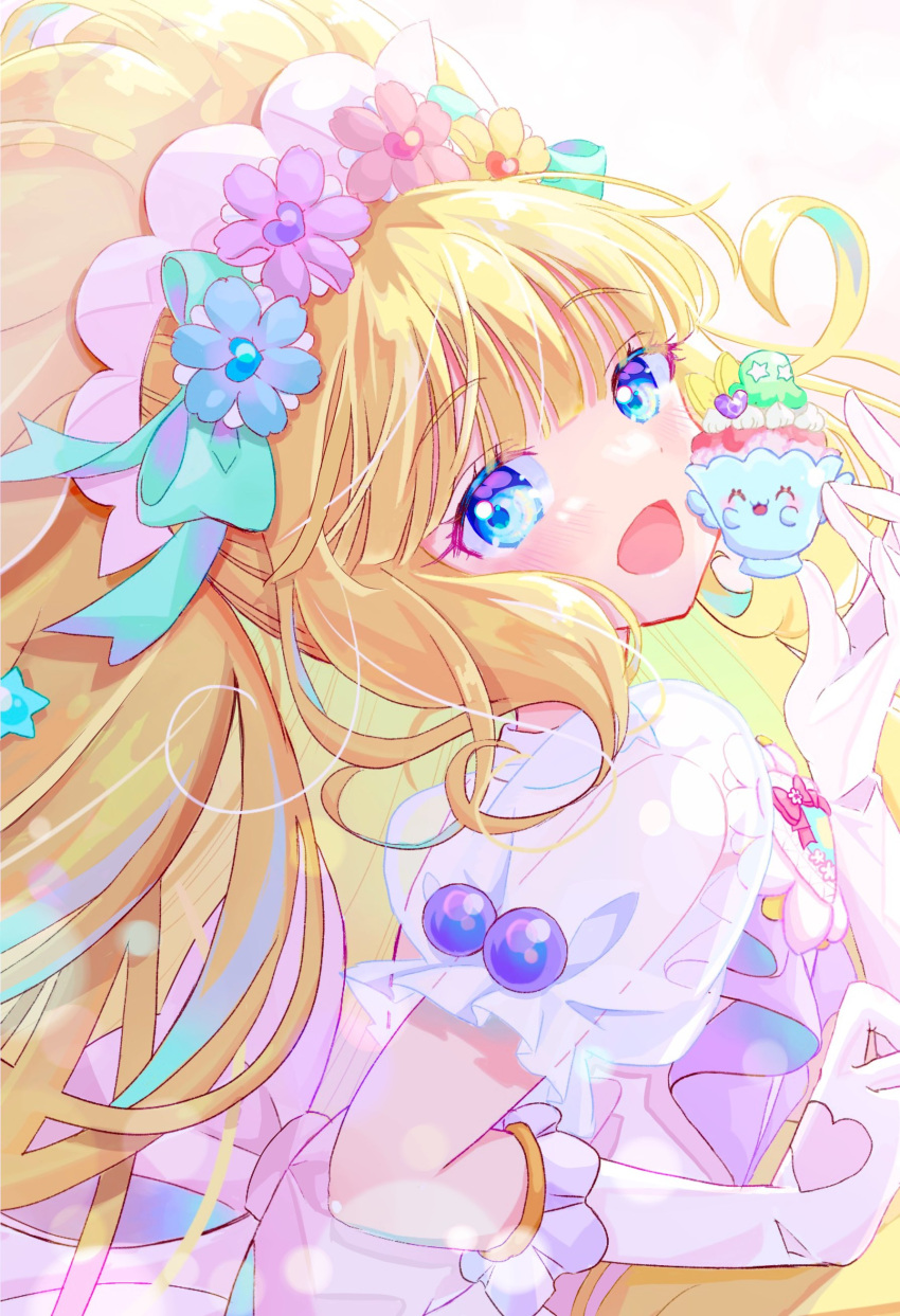 1girl absurdres back_bow big_hair blonde_hair blue_eyes blunt_bangs bow commentary cure_finale cure_finale_(party_up_style) delicious_party_precure dress flower flower_hairband from_side gloves hair_bow hair_flower hair_ornament highres kasai_amane lilylily0601 long_hair looking_at_viewer magical_girl open_mouth precure puffy_short_sleeves puffy_sleeves recipipi revision see-through see-through_sleeves short_sleeves smile solo white_dress white_gloves