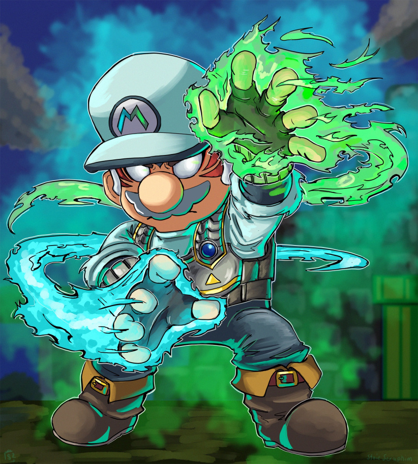 alternate_costume alternate_eye_color alternate_hair_color angry armor aura blue_gemstone cloud corruption crossover dark_persona facial_hair facial_tattoo fierce_deity fingerless_gloves fire frown gem gloves glowing hat highres letter looking_at_viewer mario mario_(series) mustache nintendo no_pupils pants possessed reaching reaching_towards_viewer shoes short_hair standing stoic_seraphim super_smash_bros. tattoo the_legend_of_zelda the_legend_of_zelda:_majora's_mask triangle white_eyes white_hair