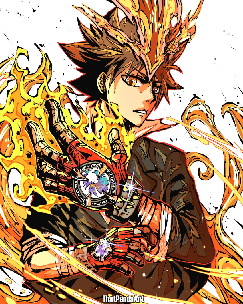 1boy brown_hair english_commentary fingerless_gloves fire gloves highres jacket katekyo_hitman_reborn! large_hands looking_at_viewer male_focus orange_eyes sawada_tsunayoshi short_hair simple_background solo that_one_panda upper_body wristband