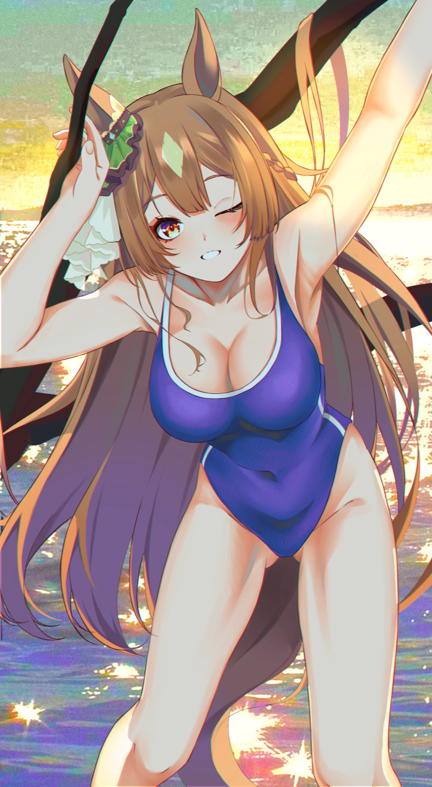 1girl absurdres animal_ears armpits bare_shoulders beach blue_one-piece_swimsuit blue_sky blush braid breasts brown_eyes brown_hair cleavage collarbone commentary_request competition_school_swimsuit covered_navel ear_ornament ear_ribbon feet_out_of_frame french_braid grin hair_between_eyes hand_on_own_chest hands_up highres horse_ears horse_girl horse_tail large_breasts long_hair looking_at_viewer miraclemeteor multicolored_hair ocean one-piece_swimsuit one_eye_closed open_mouth outdoors satono_diamond_(umamusume) school_swimsuit sky smile solo streaked_hair swimsuit tail tracen_swimsuit umamusume upper_body v water