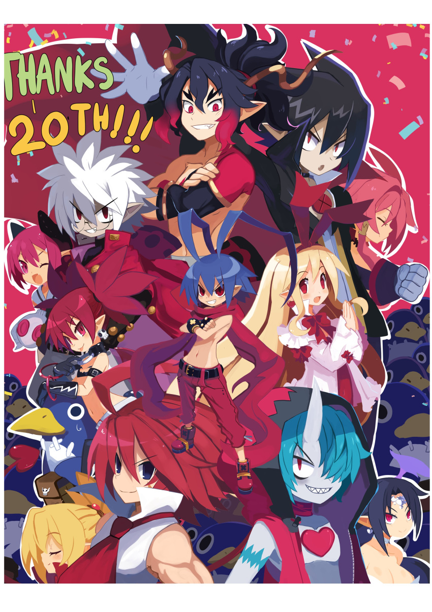 6+boys 6+girls absurdres adell_(disgaea) angel anini antenna_hair bat_wings beak black_hair blonde_hair breasts crossed_arms demon demon_boy demon_girl demon_wings disgaea disgaea_d2 disgaea_rpg earrings etna_(disgaea) fallen_angel fingerless_gloves flat_chest flonne flonne_(fallen_angel) fuji_(disgaea) glasses gloves hair_between_eyes hair_over_one_eye head_wings highres horns huge_bow jewelry jiangshi laharl long_hair makai_senki_disgaea_2 makai_senki_disgaea_3 makai_senki_disgaea_4 makai_senki_disgaea_6 makai_senki_disgaea_7 mao_(disgaea) melodia_(disgaea) multiple_boys multiple_girls navel one_eye_closed pants pink_hair pointy_ears prinny raspberyl red_eyes red_hair red_pants rozalin sharp_teeth shoes single_horn skull_earrings smile teeth topless_male valvatorez_(disgaea) vampire vulcanus_(disgaea_4) white_gloves white_hair wings zed_(disgaea) zombie