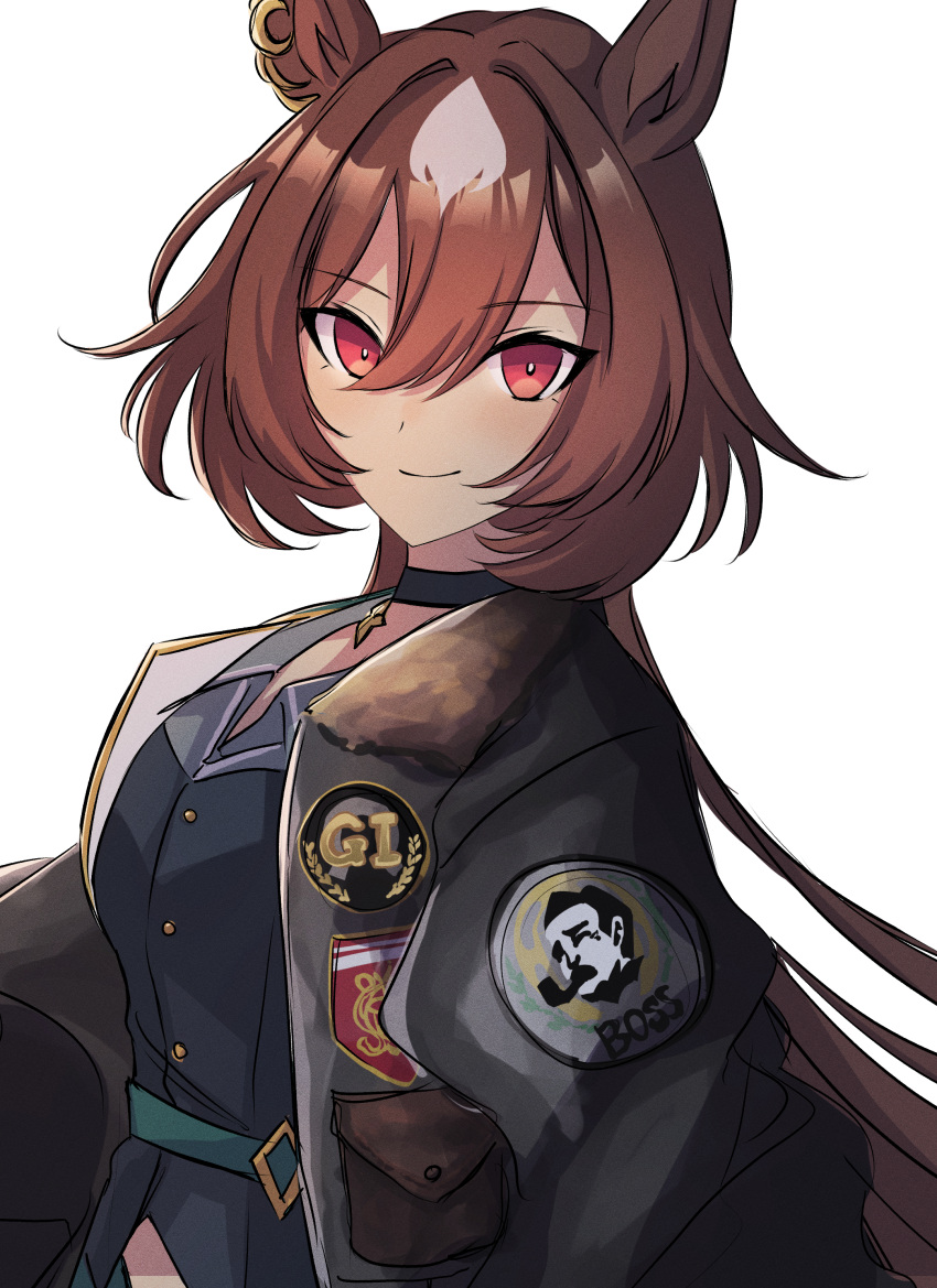 1girl absurdres animal_ears black_choker black_jacket bomber_jacket boss_coffee brown_hair choker ear_ornament hair_between_eyes highres horse_ears horse_girl jacket long_hair long_sleeves looking_at_viewer multicolored_hair pendant_choker red_eyes short_hair sirius_symboli_(umamusume) smile solo streaked_hair suntory toriumi_(fioripera14) umamusume white_hair