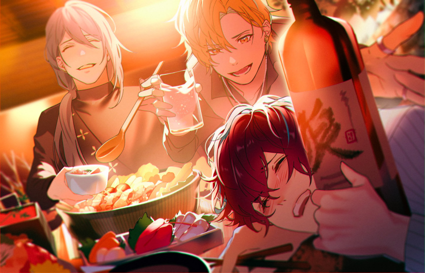 3boys alcohol bishounen black_sweater blonde_hair blurry blush bottle bowl chopsticks closed_eyes depth_of_field drink drunk earrings food glass hair_between_eyes happy highres holding holding_bottle holding_chopsticks holding_drink holding_ladle hotpot hypnosis_mic indoors izanami_hifumi jewelry jinguji_jakurai kannonzaka_doppo ladle long_hair looking_at_another male_focus matenro_(hypnosis_mic) minami_kazuki_(hanbee) multiple_boys open_mouth pink_nails purple_hair reaching_towards_another ring sake_bottle short_hair side_ponytail smile sushi sweater upper_body yellow_eyes