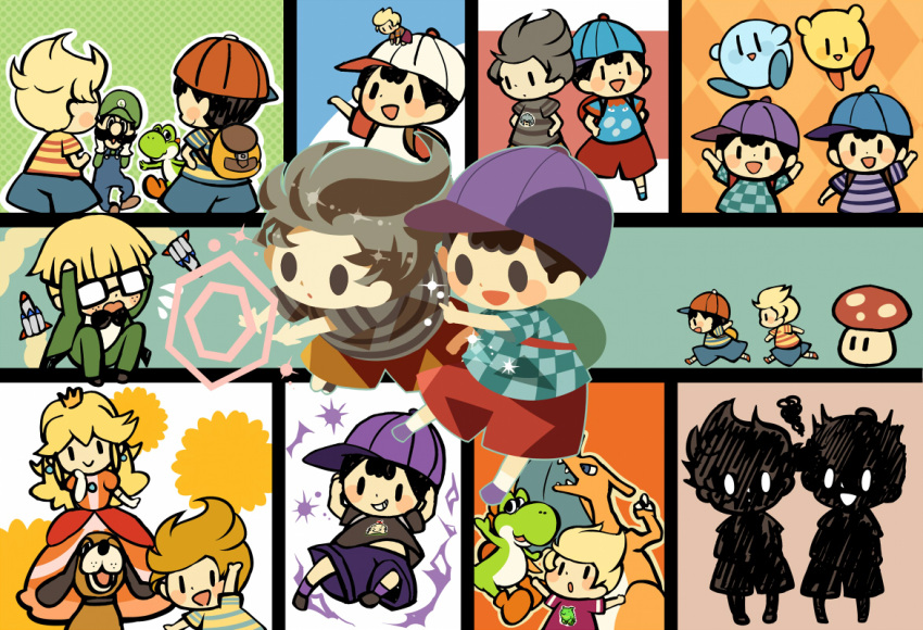 6+boys alternate_color arm_up arms_up baseball_cap black_bow black_bowtie black_hair blonde_hair blue_headwear blue_shorts blush_stickers bow bowl_cut bowtie brown_bag brown_shorts burnt casting_spell charizard checkered_clothes checkered_shirt claus_(mother_3) claus_(mother_3)_(cosplay) cosplay crown dog_(duck_hunt) dress duck_hunt ducking facial_hair freckles glasses green_headwear green_jacket green_pants grey_hair grin hands_on_own_head hands_on_own_hips hat hitofutarai index_finger_raised jacket jeff_andonuts kirby kirby_(series) lucas_(mother_3) luigi mario_(series) masked_man_(mother_3) midriff_peek mini_person miniboy mother_(game) mother_2 mother_3 multiple_boys mustache ness_(mother_2) open_mouth orange_dress outline overalls pants player_2 pokemon pokemon_(creature) princess_peach purple_footwear purple_headwear purple_shorts purple_socks raglan_sleeves red_shorts rocket running sharp_teeth shirt shorts sideways_hat smile socks solid_oval_eyes squiggle striped_clothes striped_shirt super_mushroom super_smash_bros. teeth waving white_headwear white_outline white_shirt white_socks yoshi