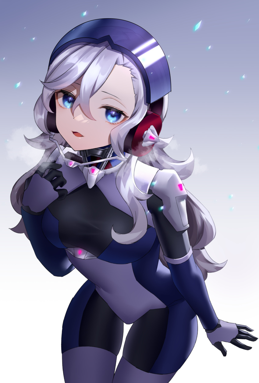 1girl 621_(armored_core_6) absurdres armored_core armored_core_6 blue_eyes breasts c4 commentary_request gloves grey_hair hair_between_eyes helmet highres long_hair looking_at_viewer medium_breasts neit_ni_sei open_mouth pilot_suit skin_tight solo tight_clothes translation_request visor_(armor)