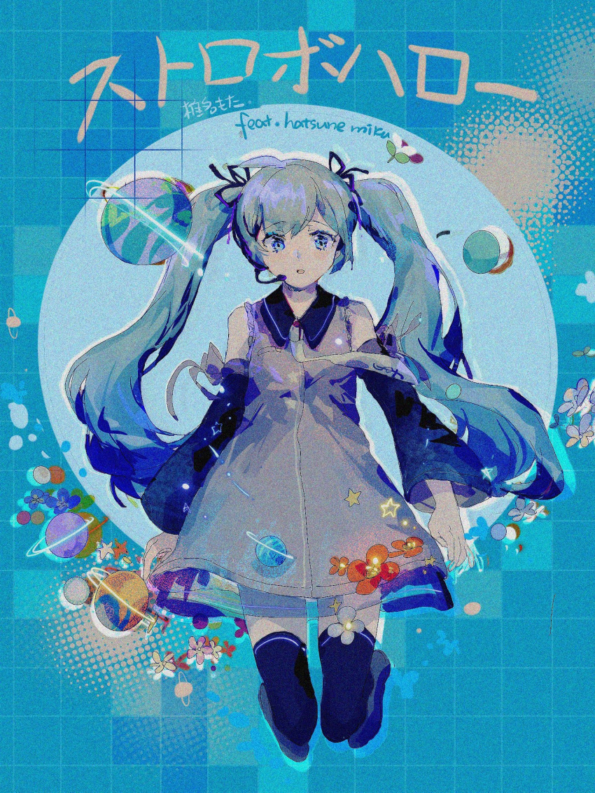 1girl bare_shoulders black_collar black_footwear black_ribbon black_sleeves black_thighhighs blue_background blue_eyes blue_hair bow circle collar collared_dress cotton_(plant) detached_sleeves dress earpiece eyelashes flower full_body grey_bow grey_dress grey_necktie grid_background hair_ribbon hatsune_miku highres lobelia_(saclia) long_hair long_sleeves looking_at_viewer necktie parted_lips planet planetary_ring red_flower ribbon shoes short_dress simple_background sleeve_bow sleeveless sleeveless_dress solo straight-on thighhighs twintails very_long_hair vocaloid white_flower