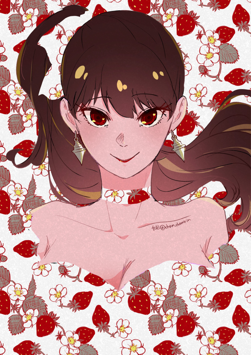 1girl absurdres bare_shoulders black_hair breasts cham_chamrin choker cleavage closed_mouth collarbone commentary_request dress earrings floating_hair floral_background floral_print food food_print fruit gold_earrings hair_ribbon high_ponytail highres jewelry large_breasts long_hair looking_at_viewer red_eyes red_lips ribbon smile solo spy_x_family strapless strapless_dress strawberry strawberry_background strawberry_print twitter_username upper_body yor_briar