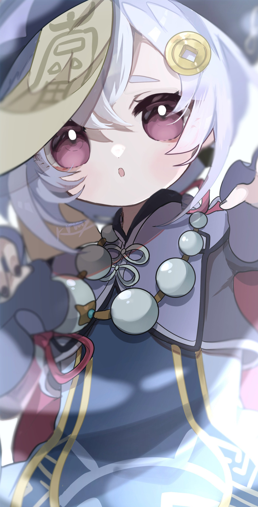 1girl :o absurdres bead_necklace beads black_nails blush close-up coin_hair_ornament dress genshin_impact hair_between_eyes hair_ornament hat highres jewelry jiangshi kurumiya_(krmy_p) long_sleeves looking_at_viewer necklace ofuda ofuda_on_head open_mouth outstretched_arms purple_dress purple_eyes purple_hair purple_headwear qingdai_guanmao qiqi_(genshin_impact) solo white_background zombie_pose