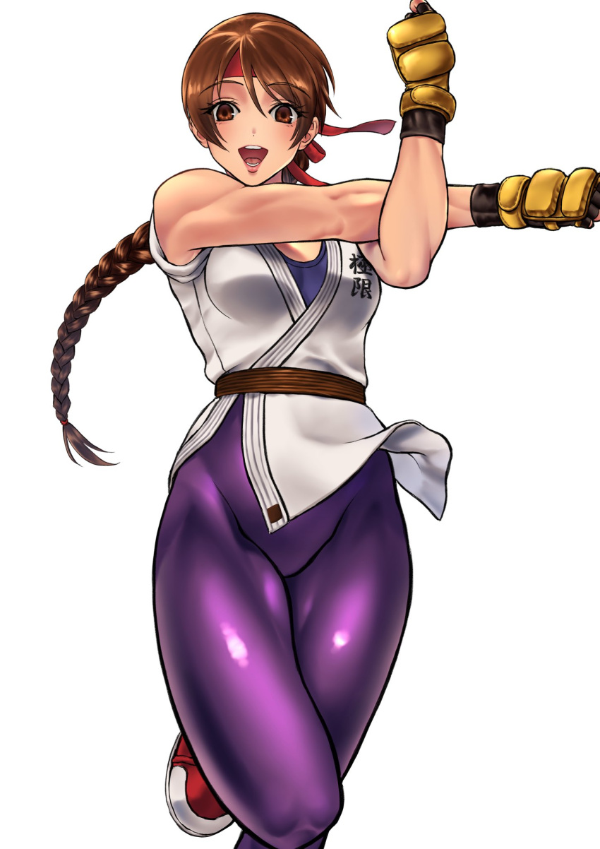 1girl bare_arms bare_shoulders belt beniazumaru braid braided_ponytail breasts brown_eyes brown_hair dougi fingerless_gloves gloves headband highres karate_gi long_hair looking_at_viewer martial_arts_belt open_mouth red_headband ryuuko_no_ken shoes simple_background single_braid sleeveless smile sneakers snk solo spandex the_king_of_fighters white_background yuri_sakazaki