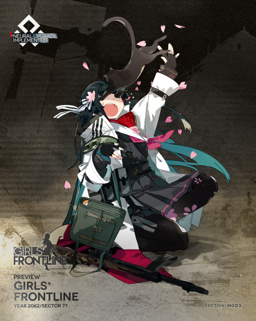 1girl :o arm_up black_cat black_gloves black_hair black_pantyhose black_skirt cat character_name cherry_blossom_print cherry_blossoms coat commentary copyright_name covering_another's_eyes english_commentary fingerless_gloves floral_print flower flying_teardrops full_body girls'_frontline gloves green_bag gun hair_flower hair_ornament hair_ribbon high-waist_skirt highres karei long_sleeves neckerchief official_alternate_costume official_art pantyhose pink_neckerchief pleated_skirt pouch red_scarf ribbon scarf second-party_source skirt snap-fit_buckle solo squatting striped_ribbon submachine_gun sweatdrop teeth type_100 type_100_(girls'_frontline) type_100_(mod3)_(girls'_frontline) upper_teeth_only weapon weapon_on_floor white_coat white_ribbon