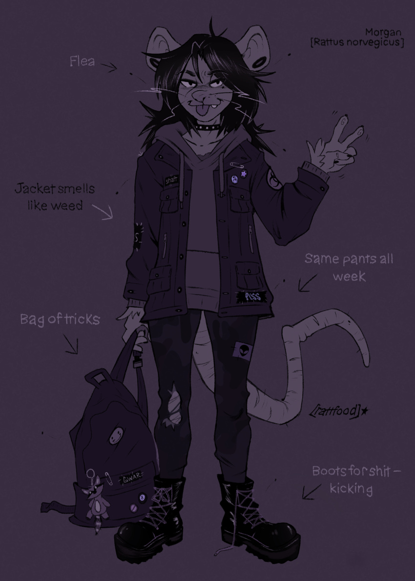 absurd_res anthro choker ear_piercing english_text female gesture hair hi_res jewelry mammal messy_hair model_sheet morgan_(rattfood) murid murine necklace piercing punk rat rattfood rodent solo text tongue tongue_out tunnel_plug v_sign
