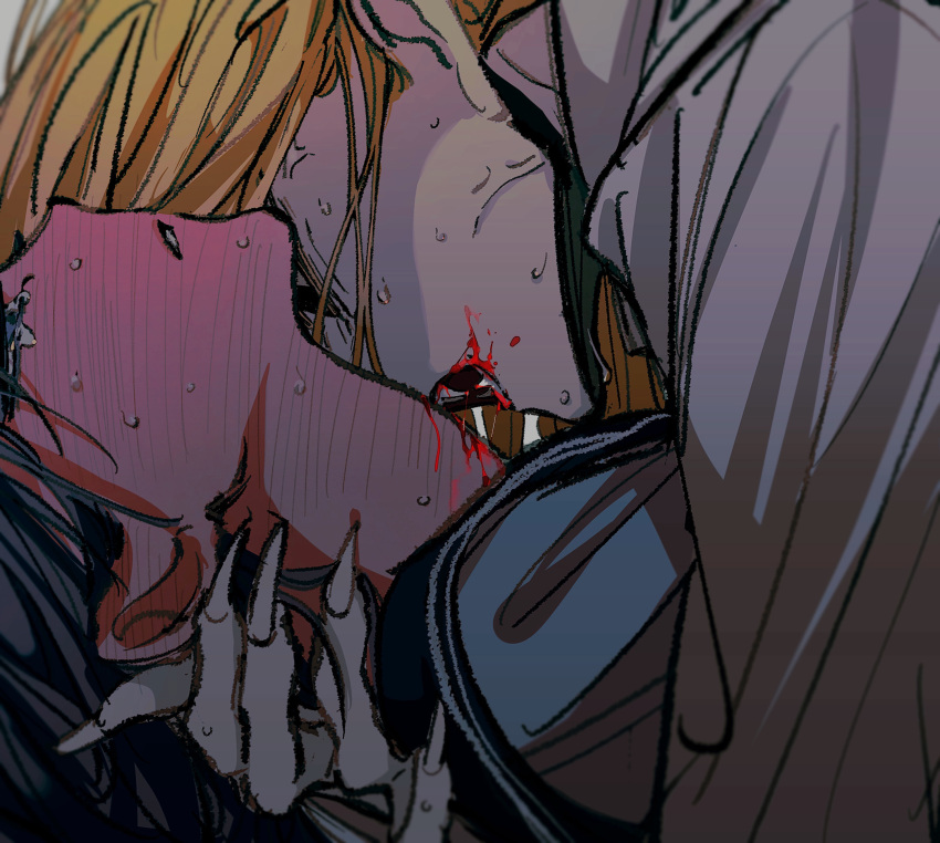 2girls absurdres biting black_hair blonde_hair blood blood_in_mouth blood_on_face blood_on_mouth blush close-up colored_skin commentary_request ear_blush embarrassed fangs fingernails full-face_blush hand_on_another's_neck highres long_fingernails long_hair multiple_girls naotin3333 neck_biting open_mouth original parted_lips pink_skin sharp_fingernails shirt sweat tearing_up teeth vampire veins veiny_face white_shirt yuri