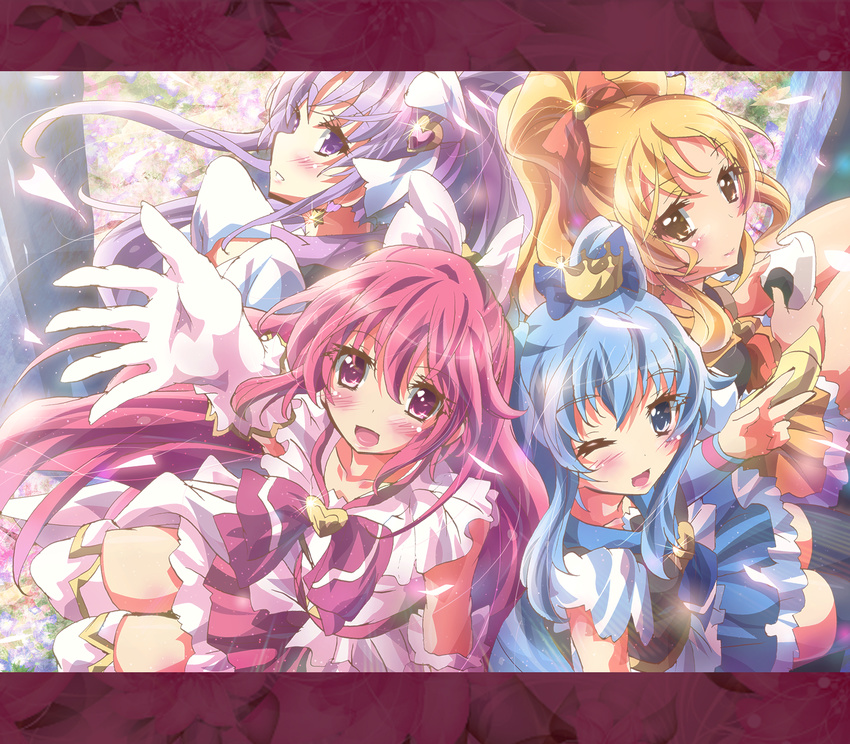 :d ;d aino_megumi blonde_hair blue_eyes blue_hair blue_skirt blush bow crown cure_fortune cure_honey cure_lovely cure_princess earrings eyelashes forever_lovely gloves hair_bow hair_ornament happinesscharge_precure! heart heart_hair_ornament highres hikawa_iona inoshishi_(ikatomo) jewelry letterboxed long_hair looking_at_viewer magical_girl multiple_girls one_eye_closed oomori_yuuko open_mouth outstretched_arm outstretched_hand pink_bow pink_eyes pink_hair pink_skirt ponytail precure purple_eyes purple_hair ribbon shirayuki_hime skirt smile thighhighs twintails very_long_hair white_gloves white_legwear wrist_cuffs yellow_eyes zettai_ryouiki