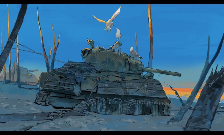 abandoned absurdres beach bird caterpillar_tracks english_text highres m4_sherman military_vehicle motor_vehicle no_humans original scenery seagull shovei_industry tank turret united_states_marine_corps world_war_ii