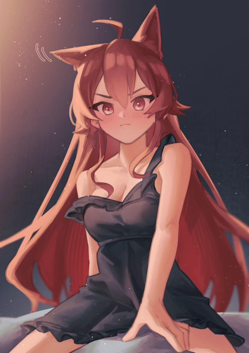 1girl absurdres ahoge animal_ears black_nightgown blush breasts cat_ears cleavage closed_mouth donats eris_greyrat full-face_blush hair_between_eyes highres large_breasts long_hair looking_down motion_lines mushoku_tensei nightgown partially_undressed red_eyes red_hair solo very_long_hair