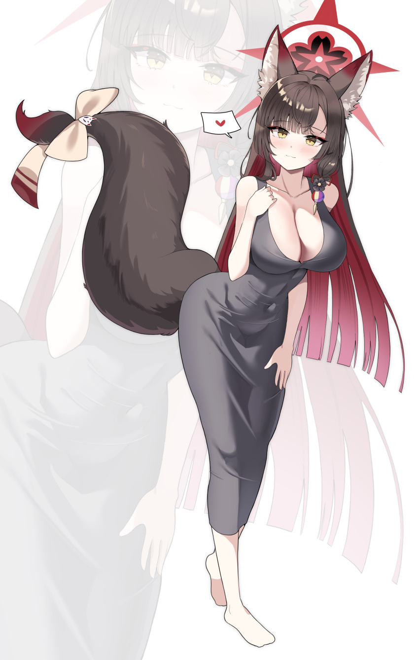 1girl absurdres alternate_costume animal_ear_fluff animal_ears barefoot black_dress blue_archive blunt_ends blush bow breasts brown_hair cleavage colored_inner_hair commentary dalgam12 dongtan_dress dress fox_ears fox_tail hair_ornament halo heart highres korean_commentary large_breasts leaning_forward long_hair looking_at_viewer meme_attire multicolored_hair red_hair scoop_neck spoken_heart straight_hair tail tail_bow tail_ornament tassel tassel_hair_ornament taut_clothes taut_dress two-tone_hair very_long_hair wakamo_(blue_archive) zoom_layer