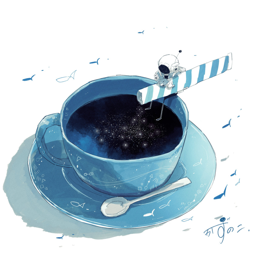 1other absurdres astronaut bag blue_theme cup fish from_above from_side helmet highres kazunoko_(kazunoko_zunoco) original pouring radio_antenna saucer simple_background sitting sky solo space space_helmet spoon star_(sky) starry_sky sugar_(food) surreal teacup